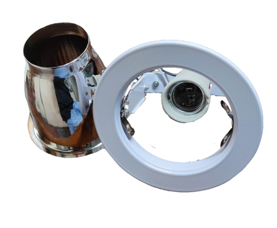 Biglite Pinlight Fixture E27 White Border recessed ceiling light trim showing white border ring chrome reflector and E27 socket