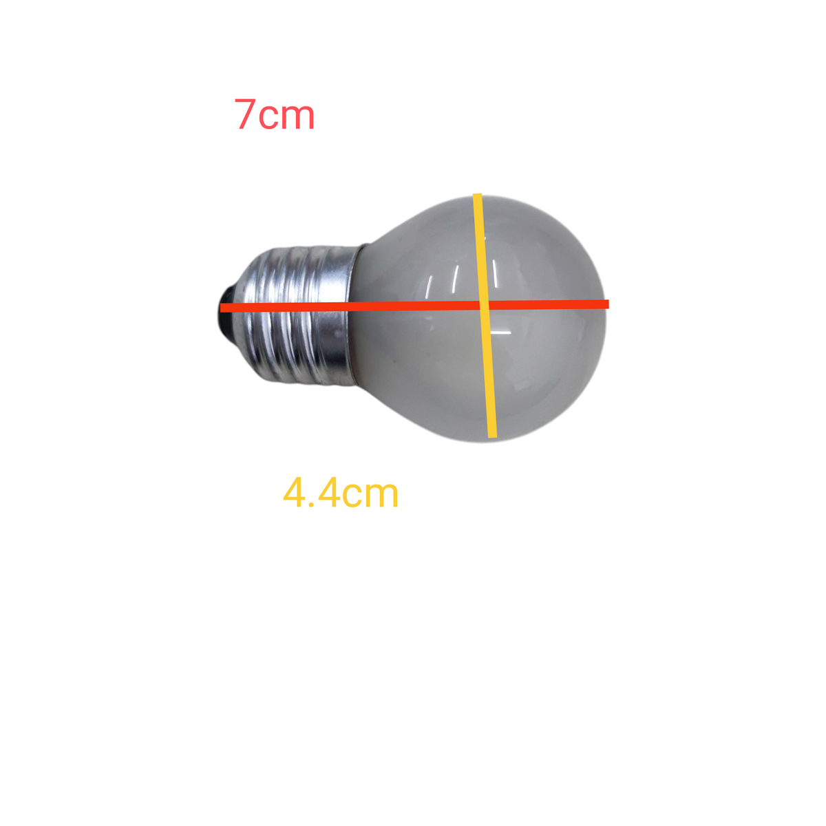 Pollux 40W incandescent bulb with a spherical design measuring 7cm in height and 4.4cm in diameter.