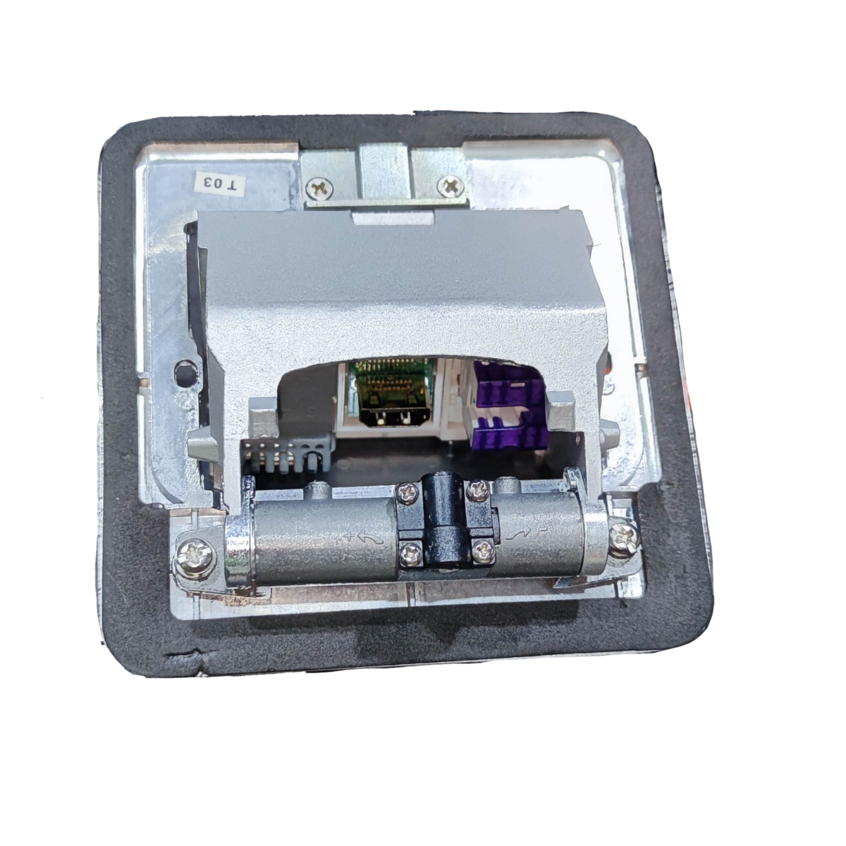 T&J Pop up HDMI with USB-A power point switch and plug component showing internal mechanism