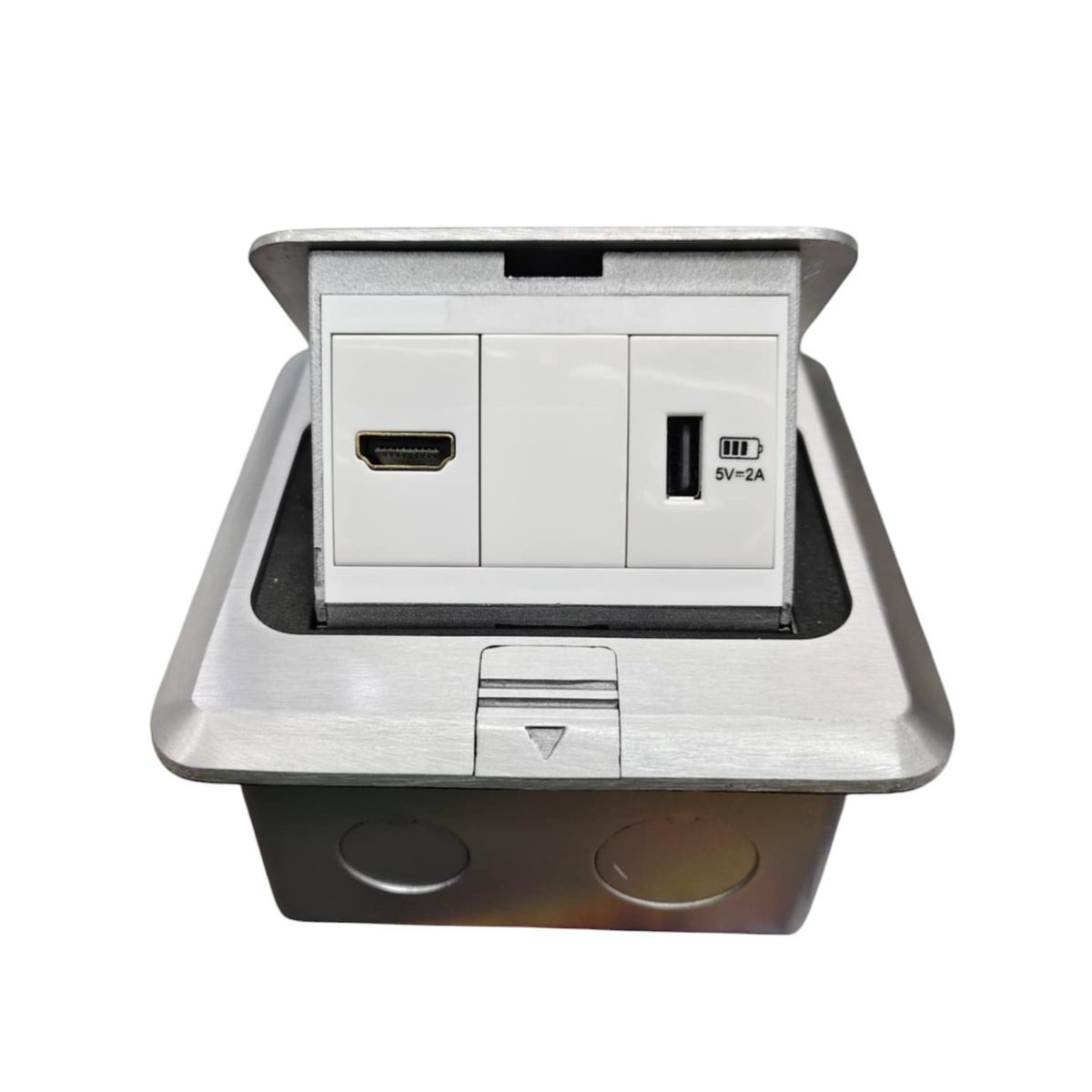 T&J pop up HDMI with USB-A power point and switch for convenient connectivity and charging