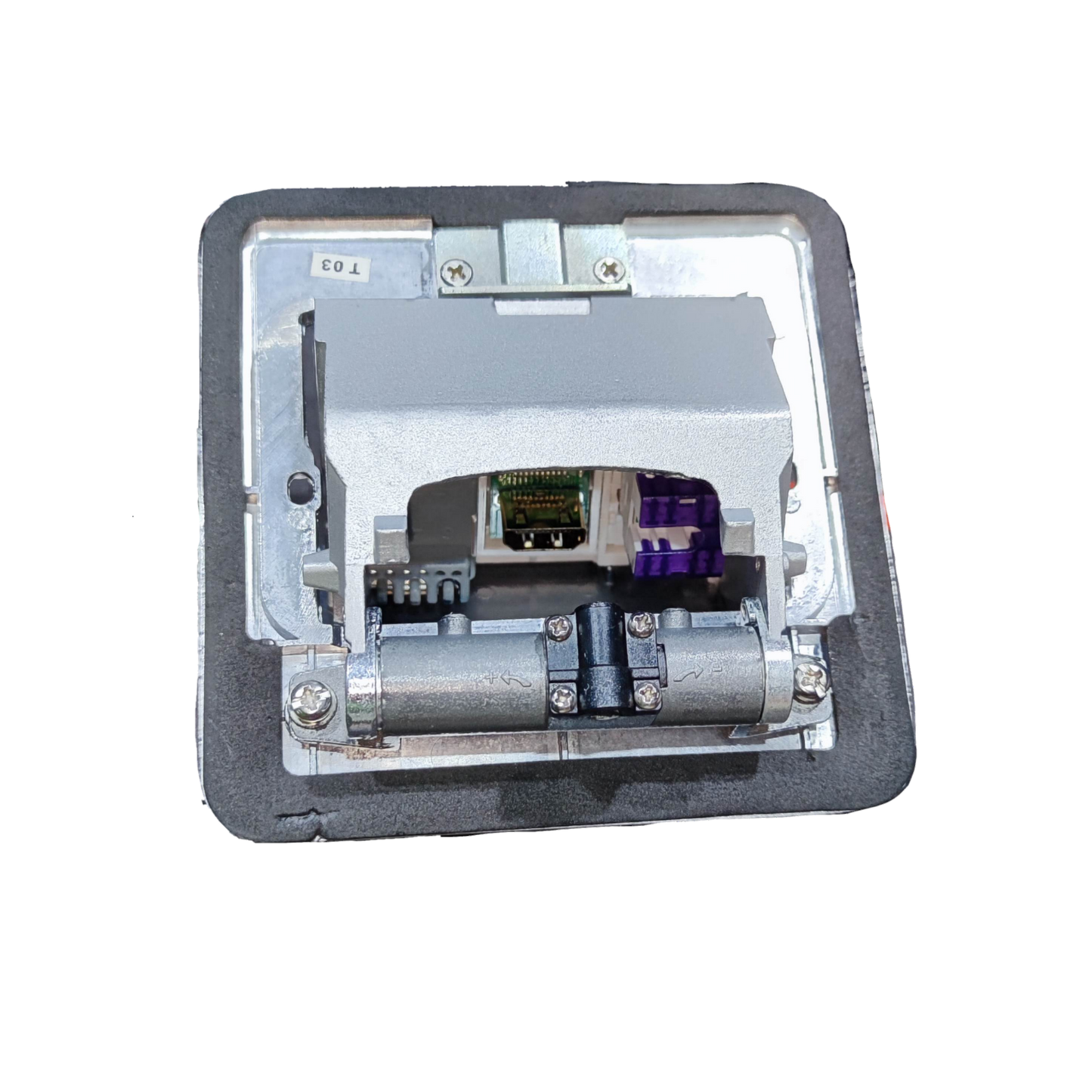 T&J Pop-up USB 5V 2.1A x 3 with Metal Utility Box power point with open cover showing internal components