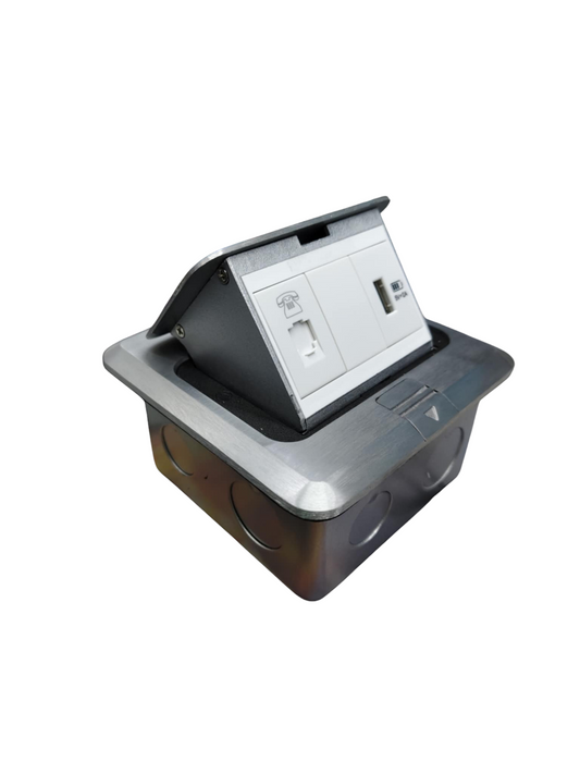 T&J Pop up Voice and USB Charging Outlet with stainless steel frame and multiple ports