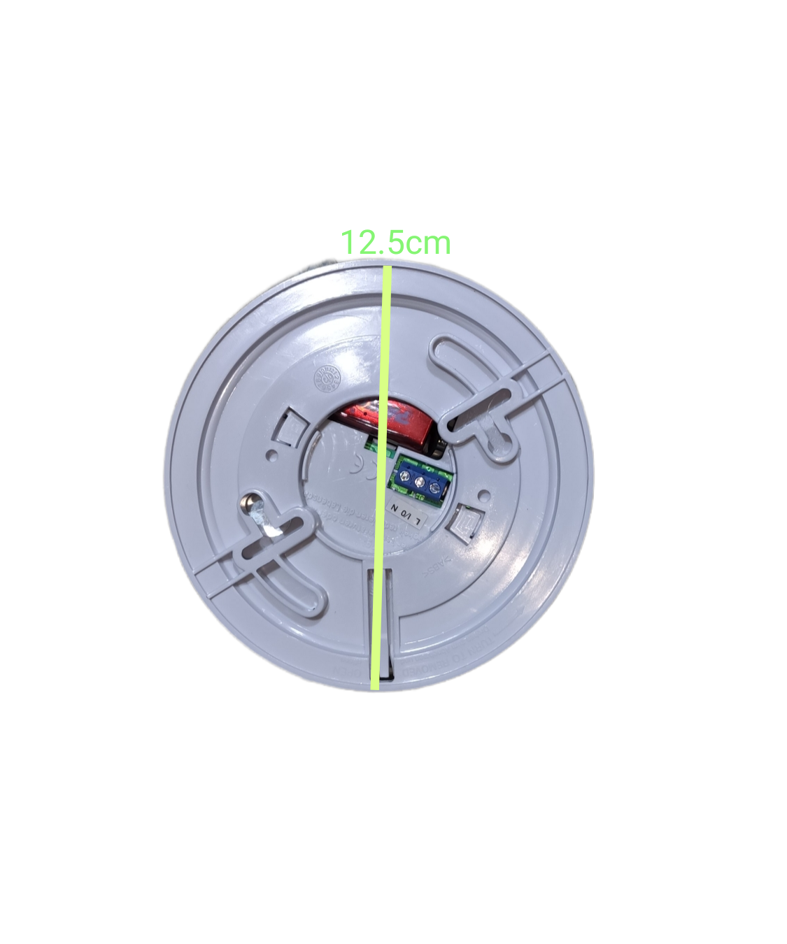 Potric photoelectric smoke alarm 9V with round white base measuring 12.5 cm diameter