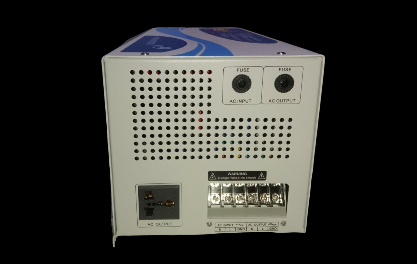 Denko 3000W Inverter 24VDC to 220V AC power converter with AC input, output fuses, and terminal connections