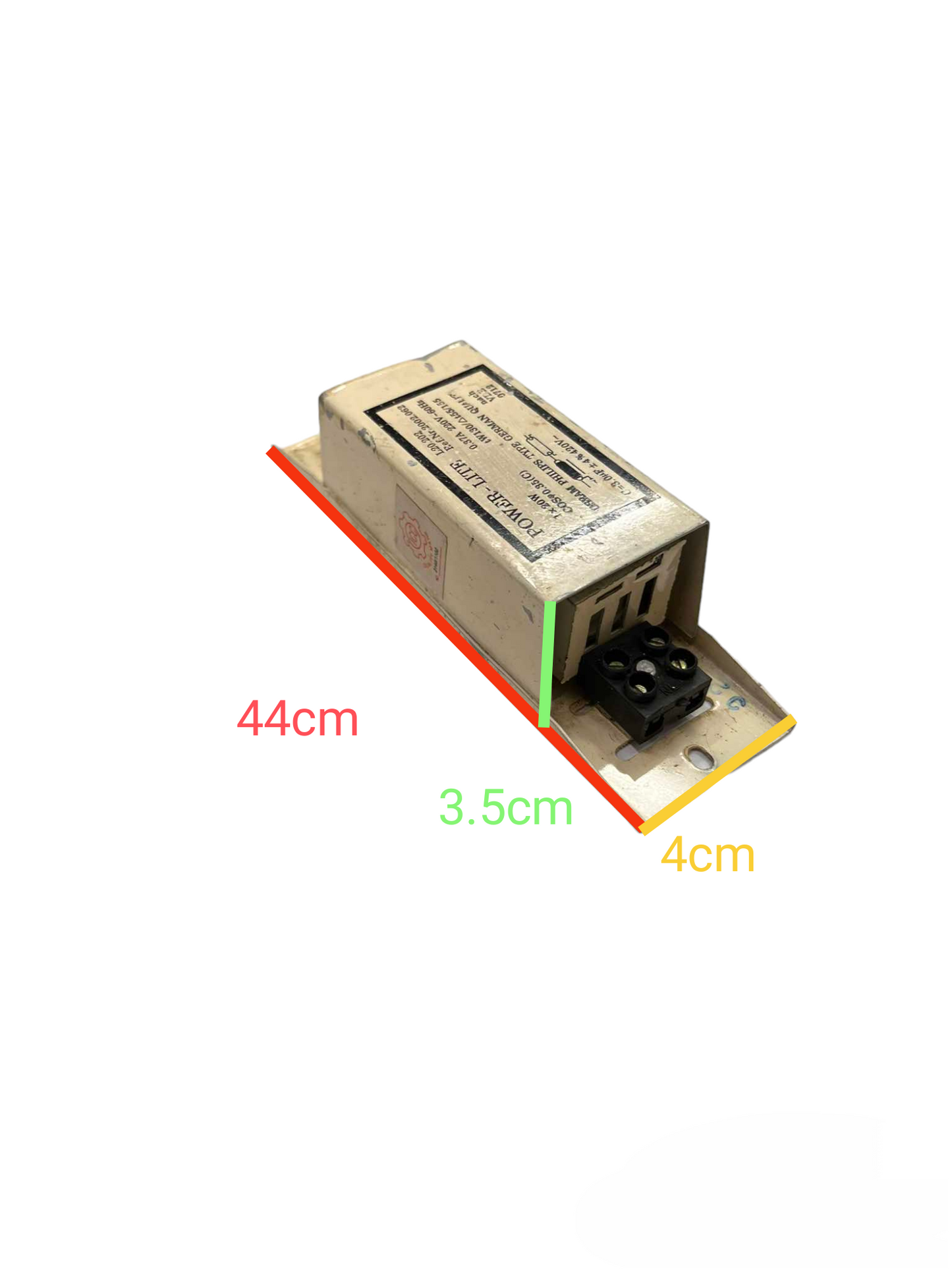 GE fluorescent magnetic ballast 220V rectangular electrical component with wiring terminals