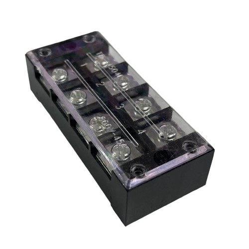 Grippes 45A 4 Pairs Terminal Block 600V black plastic base with clear cover and four screw terminal pairs