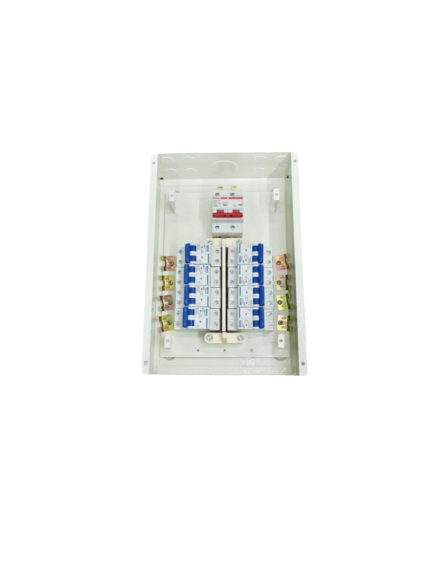 Royu Koten Himel 100A 2P panel board with circuit breakers. White enclosure showing main breaker and rows of blue MCBs