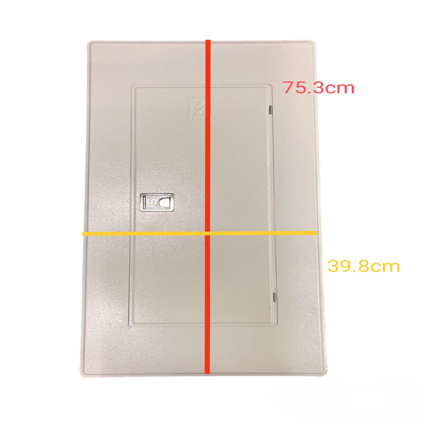 Koten 10 Branches Panel Board with 250A 2P Main beige metal distribution box front access door latch and dimensions overlay