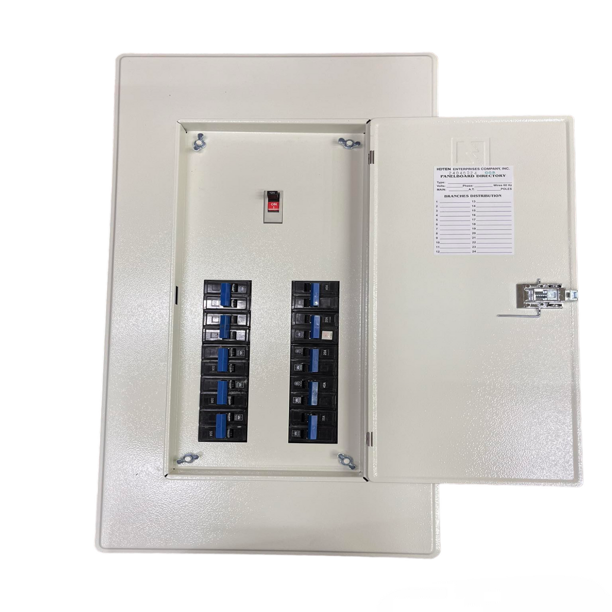 Koten 10 Branches Panel Board with 250A 2P Main metal distribution board with open door showing breakers
