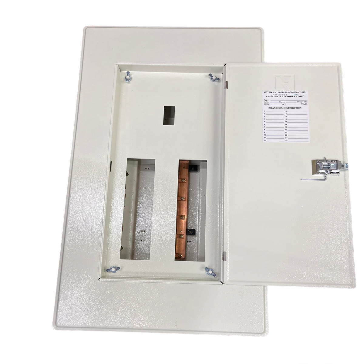 Koten 10 Branches Panel Board with 250A 2P Main metal enclosure with open door and visible copper bus bars