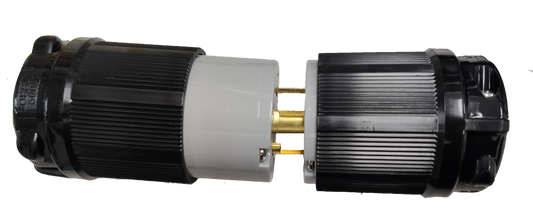 Grippes NEMA L15 250V industrial connector showing black twist lock male and female halves with brass pins