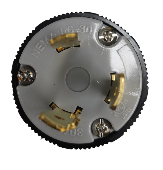 Grippes NEMA L6-30P industrial plug top view showing three gold contacts and screw terminals