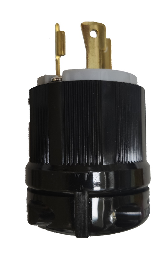 Grippes black NEMA L6-30P industrial plug with three brass prongs and ribbed plastic housing for heavy duty power
