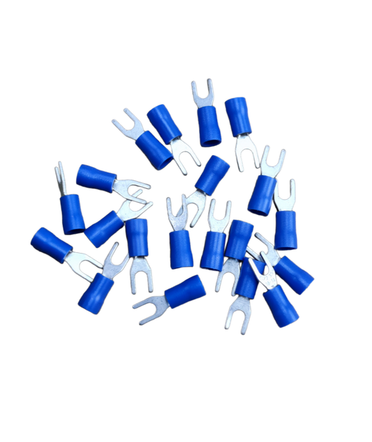 Y type terminal lugs with blue insulation. Shown in a scattered pile for electrical connections from China