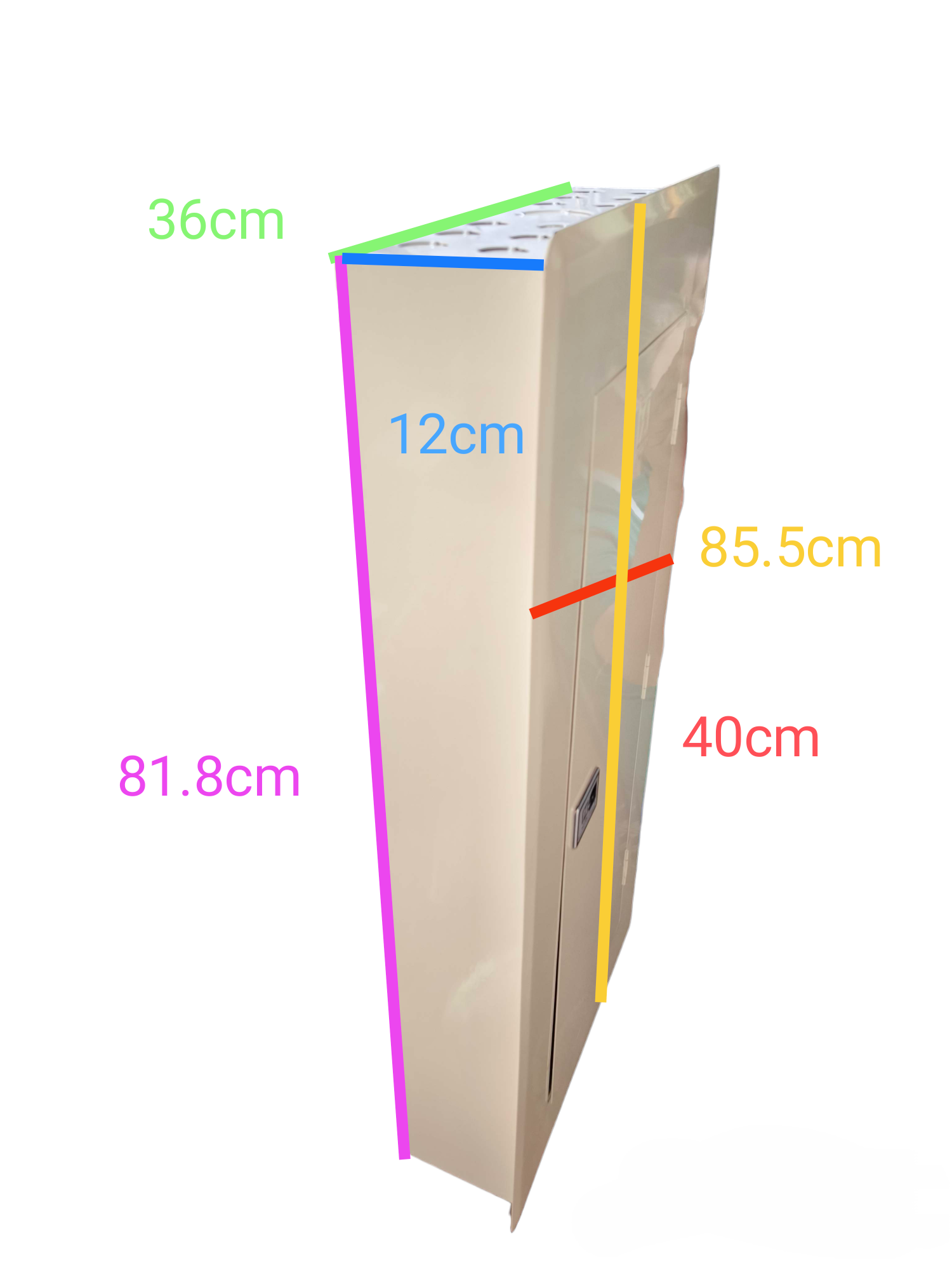 Koten beige metal enclosure for 14 Branches Panel Board 150A 2P Main with door handle and dimension overlays