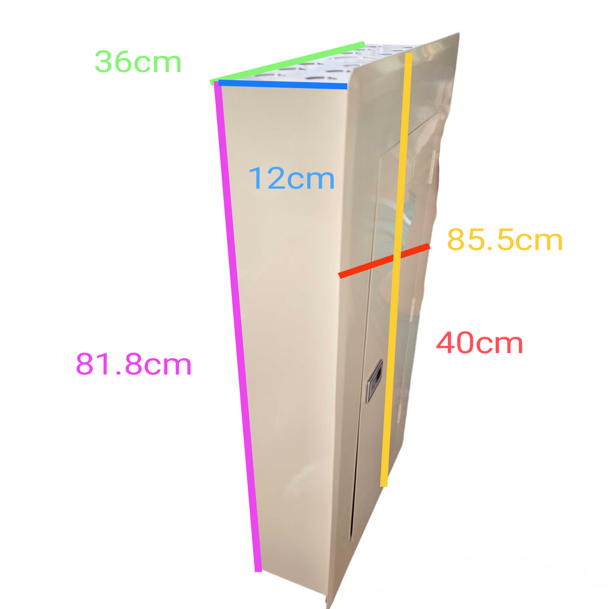 Koten beige metal enclosure for 14 Branches Panel Board 150A 2P Main with door handle and dimension overlays