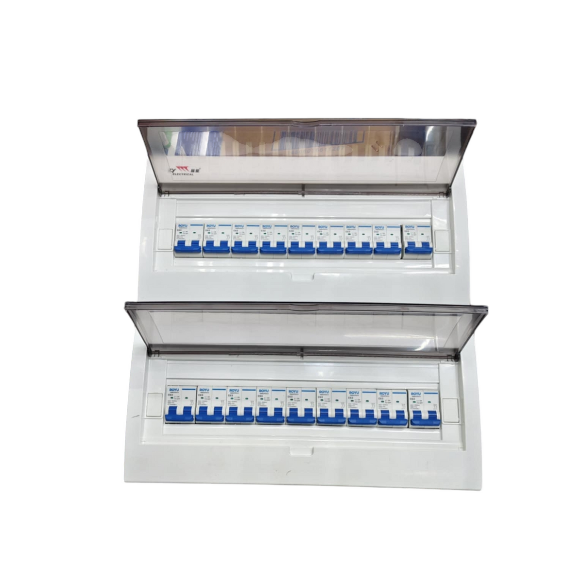 Royu and ZY 50A panel board with 17 branches for MCB. White enclosure with clear hinged covers