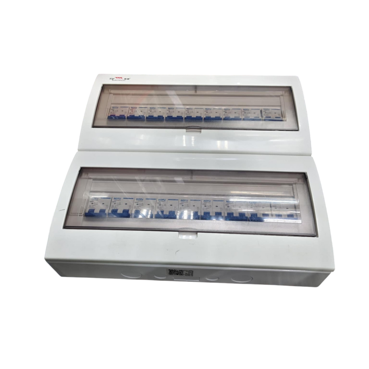 Royu and ZY white consumer unit with visible blue MCB switches installed, 50A panel board with 17 branches for MCB.