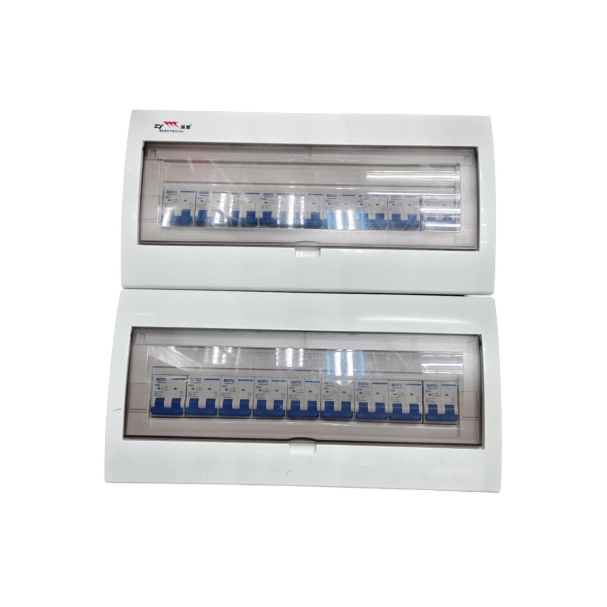 Royu and ZY 50A panel board with 17 branches for MCB. White dual row distribution box with clear cover and blue MCBs