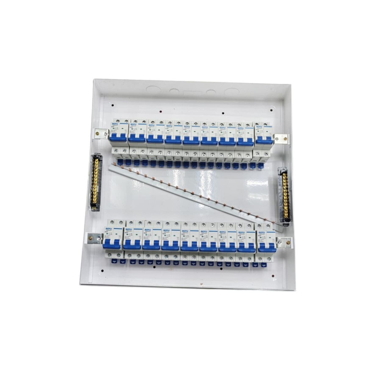 Royu and ZY 50A panel board with 17 branches for MCB. White metal enclosure with two rows of MCBs and busbars