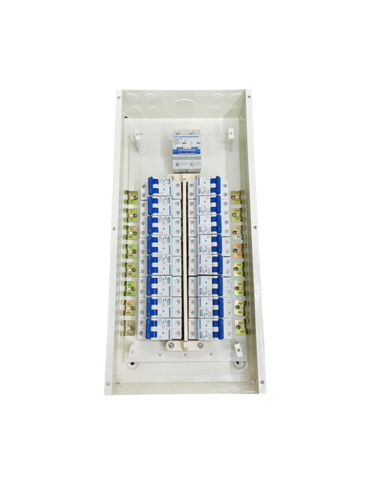 Chint Panel Board 16 Branches for 125A 2P MCB. White metal enclosure with 16 blue 2P MCBs and neutral earth bars