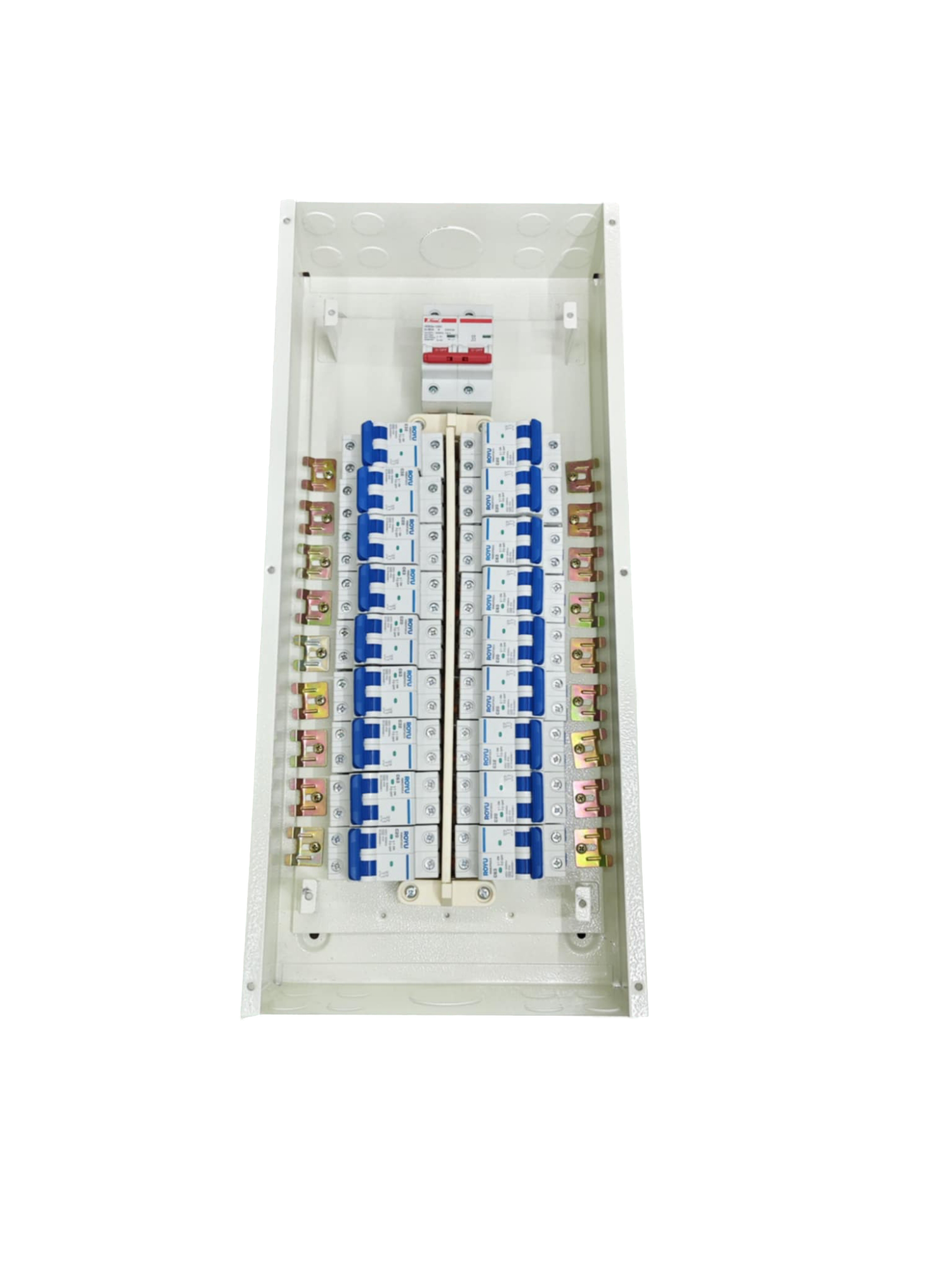 Himel Koten Royu 15 Branches Panel Board with 100A Main 2P white metal enclosure showing 15 MCBs and copper busbars