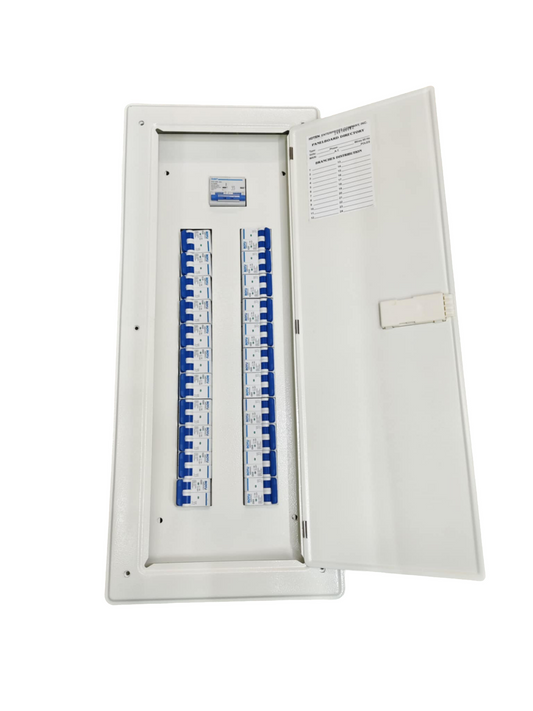 Chint 125A panel board with circuit breaker open white distribution box showing rows of blue breakers