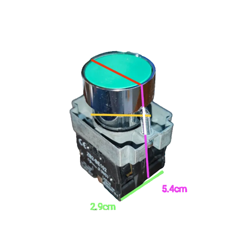 Grippes Push Button Switch 22mm with Metal Head featuring a green top and detailed measurements