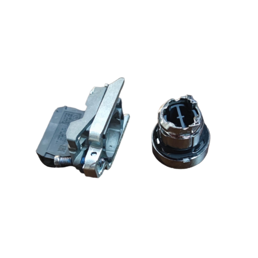 Schneider Push Button Switch Red Normally Open metal components close-up on black background