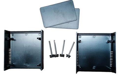 Two black PVC boxes for wiring and assembly with screws and covers included for electrical projects