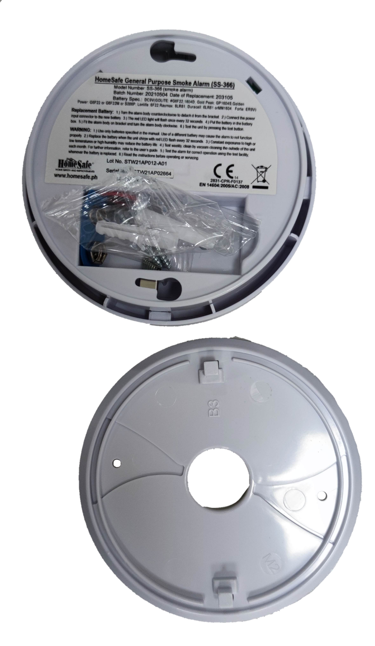 Home Safe Smoke Detector 9V with battery and mounting hardware shown from front and back
