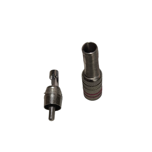 Local brand RCA Plug Metal 3 Stripe electrical circuitry parts with metal connectors isolated on white