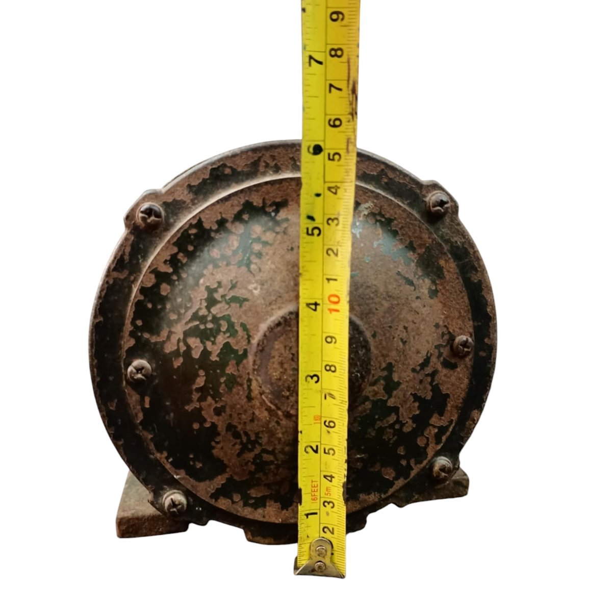 Kinma Induction Motor Single Phase Refurbished showing front round casing with measuring tape