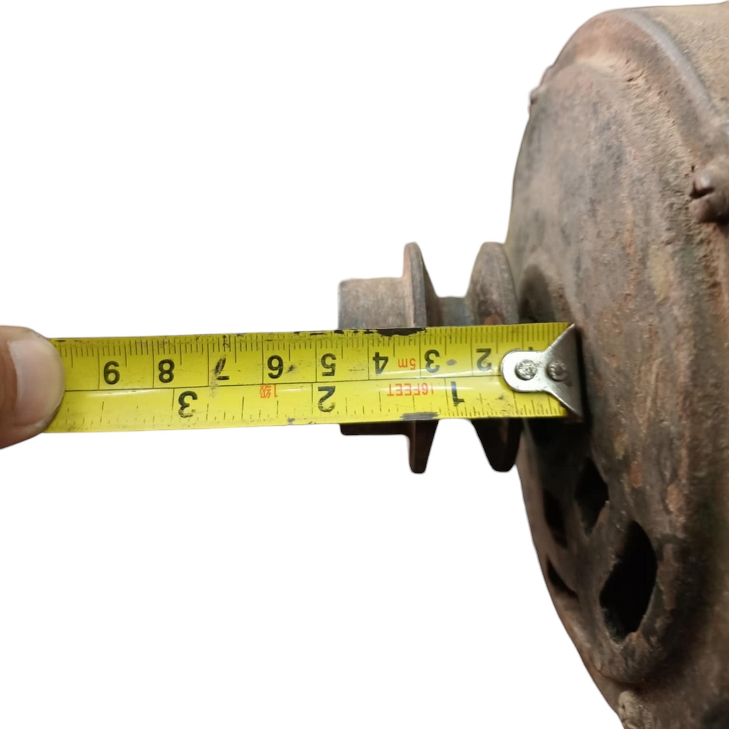 Kinma induction motor single phase refurbished with measuring tape showing shaft size for electrical circuitry parts