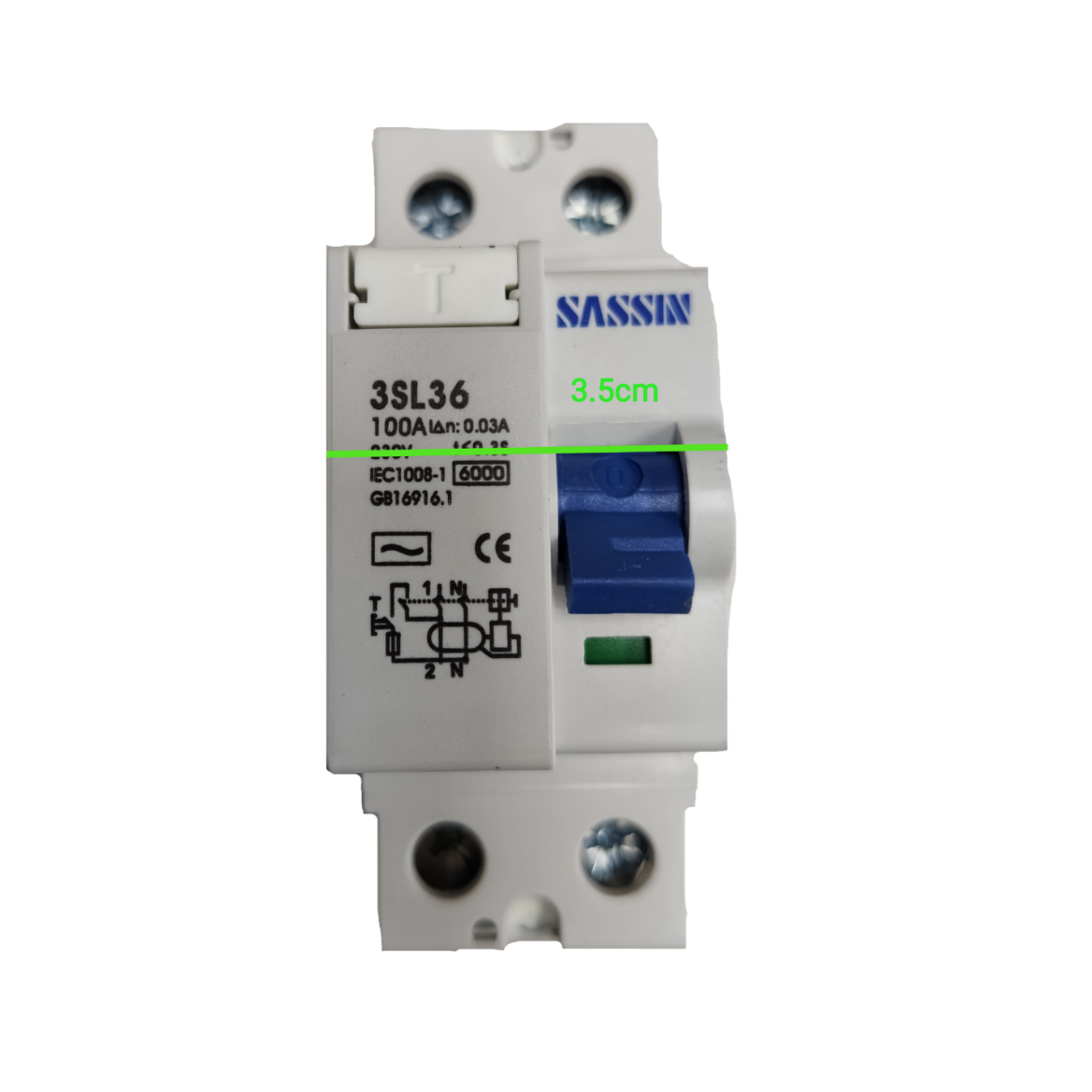 Sassin electrical residual current circuit breaker 30ma with blue toggle switch and 100A rating