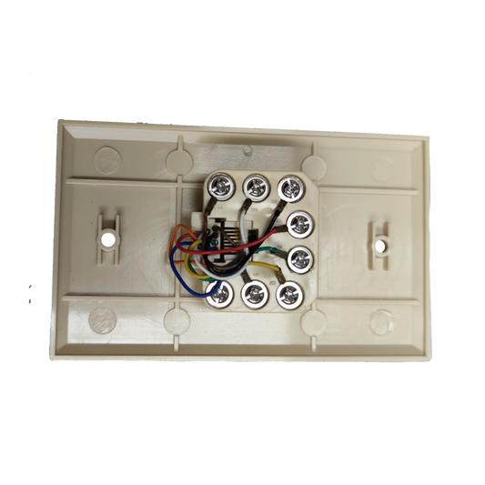 Back view of Taiwan made RJ45 wall socket for ethernet showing wiring and screw terminals