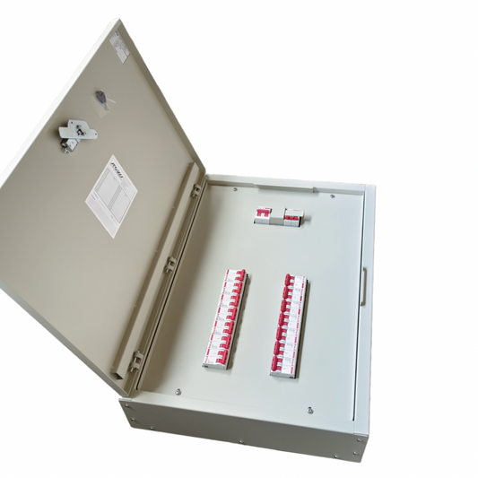 MTS Main 63A 2Pole with 14 Branches 2 Pole Electx Electrical Supply open metal distribution box showing two rows of breakers