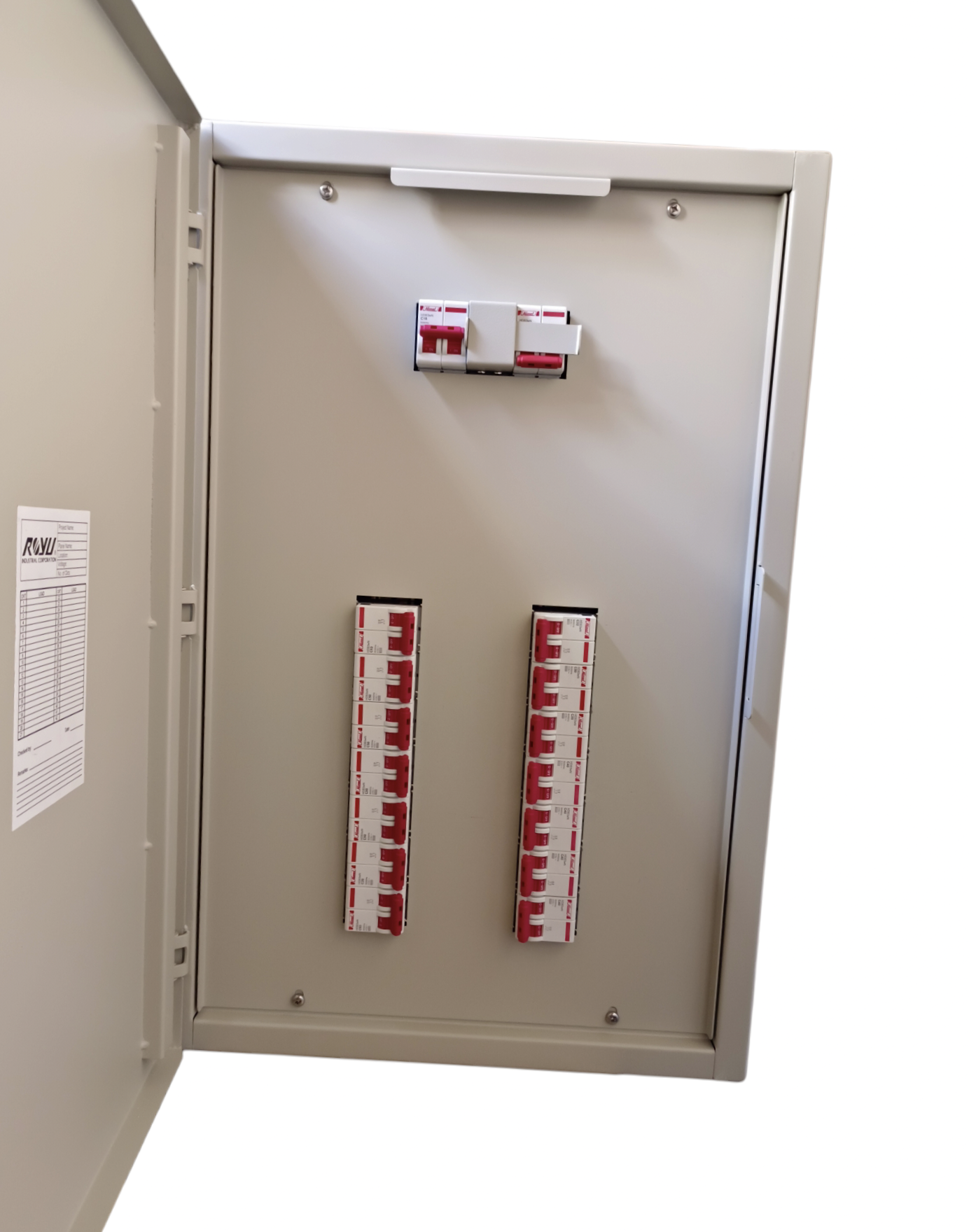 Electx Electrical Supply metal distribution board with MTS Main 63A 2Pole with 14 Branches 2 Pole and 14 red switches