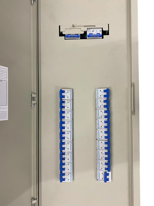 Chint miniature circuit breaker panel 18 branches with two vertical rows of blue and white breakers in metal enclosure