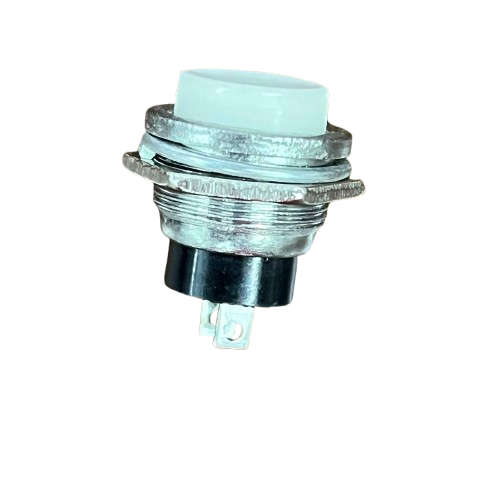Round Push Button 1A 220V White with metal housing for durable electrical applications