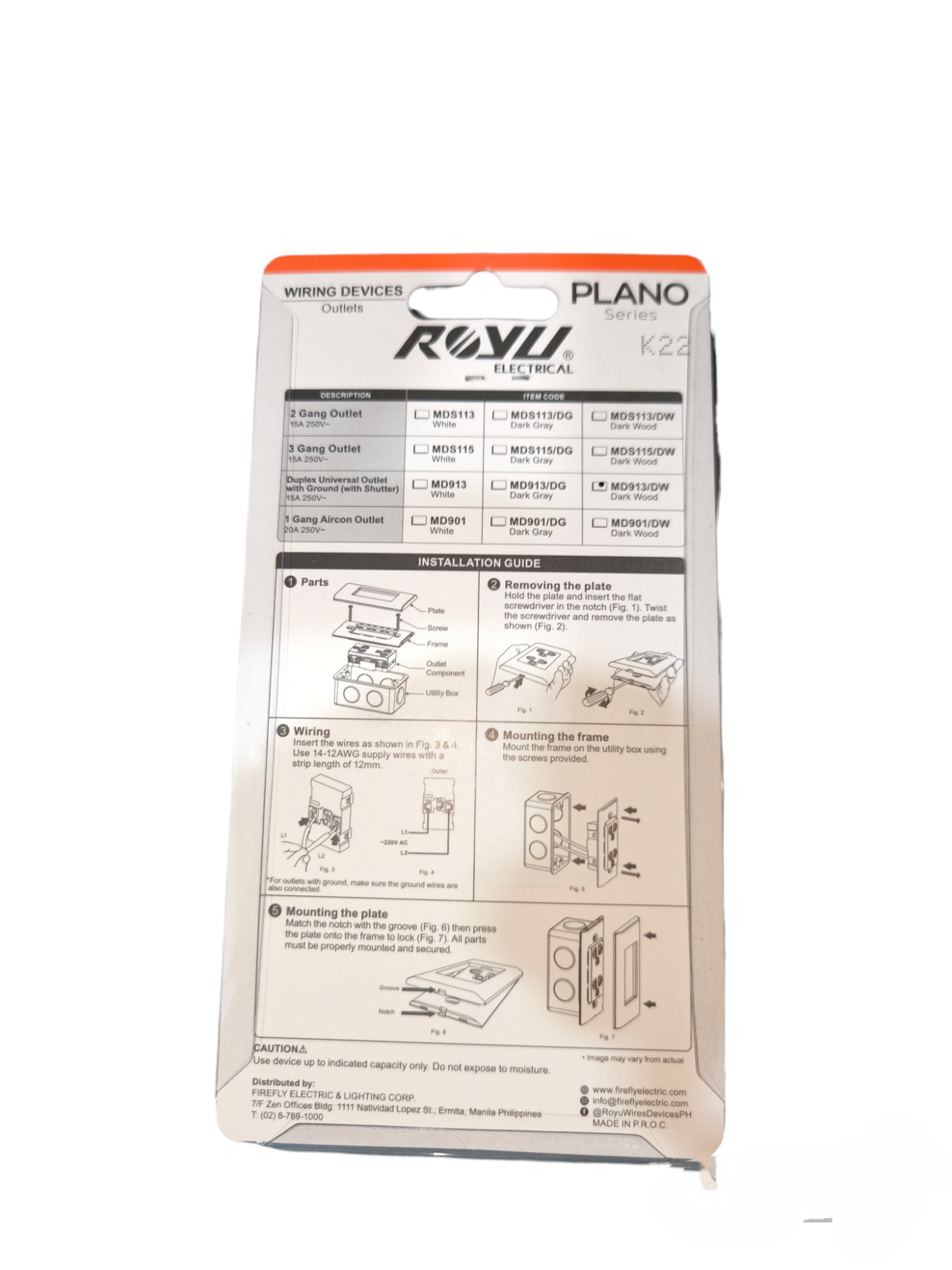 Royu Duplex Universal with Ground 15A 250V power points packaging with installation guide