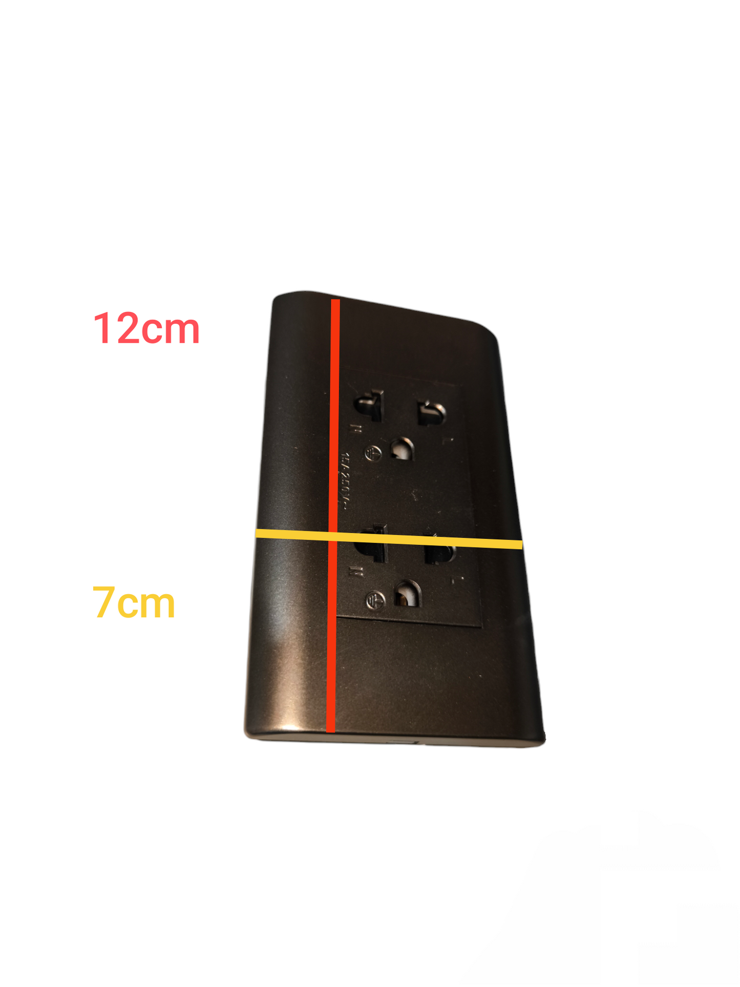 Royu black Duplex Universal with Ground 15A 250V power outlet with dimensions 12cm by 7cm