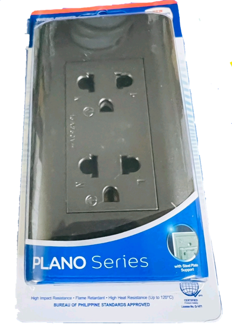 Royu Universal Outlet 15A 250V Dark Gray from Plano Series with dual power sockets and steel plate support