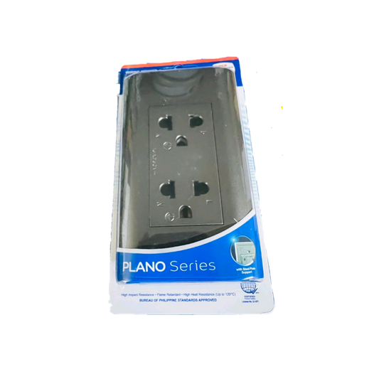 Royu Universal Outlet 15A 250V Dark Gray from Plano Series with dual power sockets and steel plate support