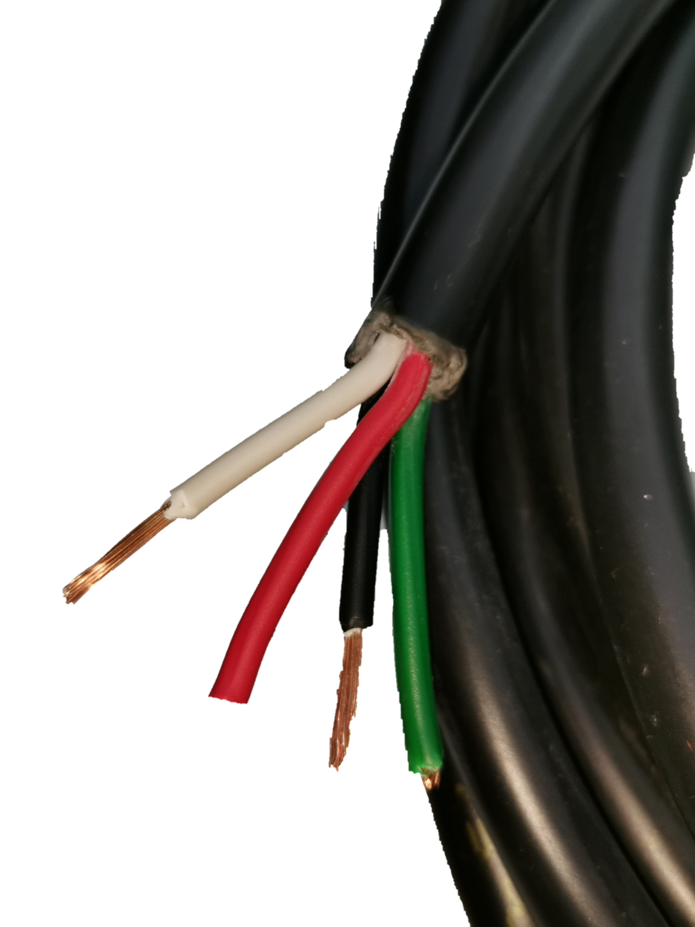 Close-up of Phelps Dodge 4 core royal cord 5.5mm wire showing black outer insulation and red green white inner copper wires