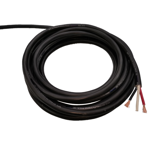 Coiled Phelps Dodge 1.25mm 3 core royal cord wire with exposed copper ends on black background