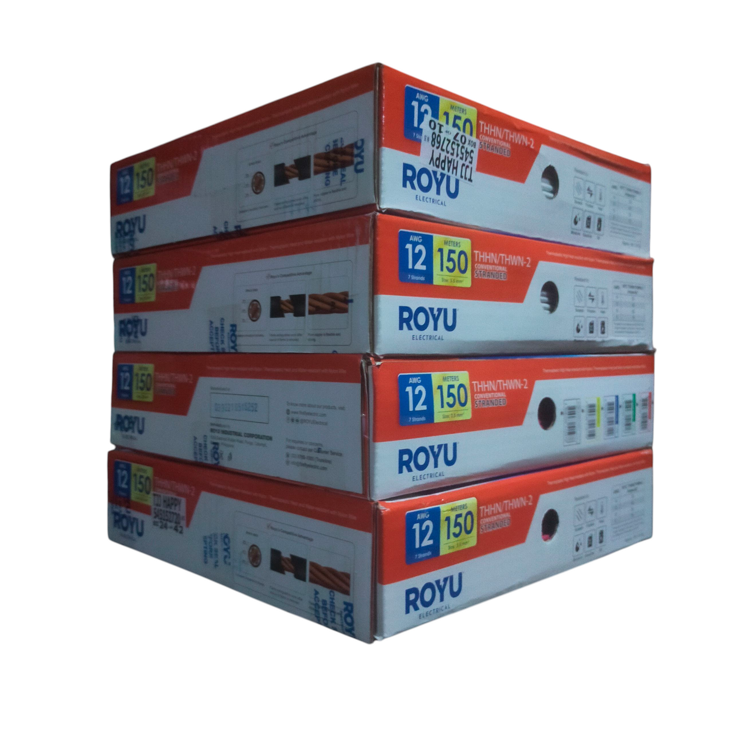 Royu boxed spools of 12 AWG stranded wire yellow 150ft stacked packaging for electrical use
