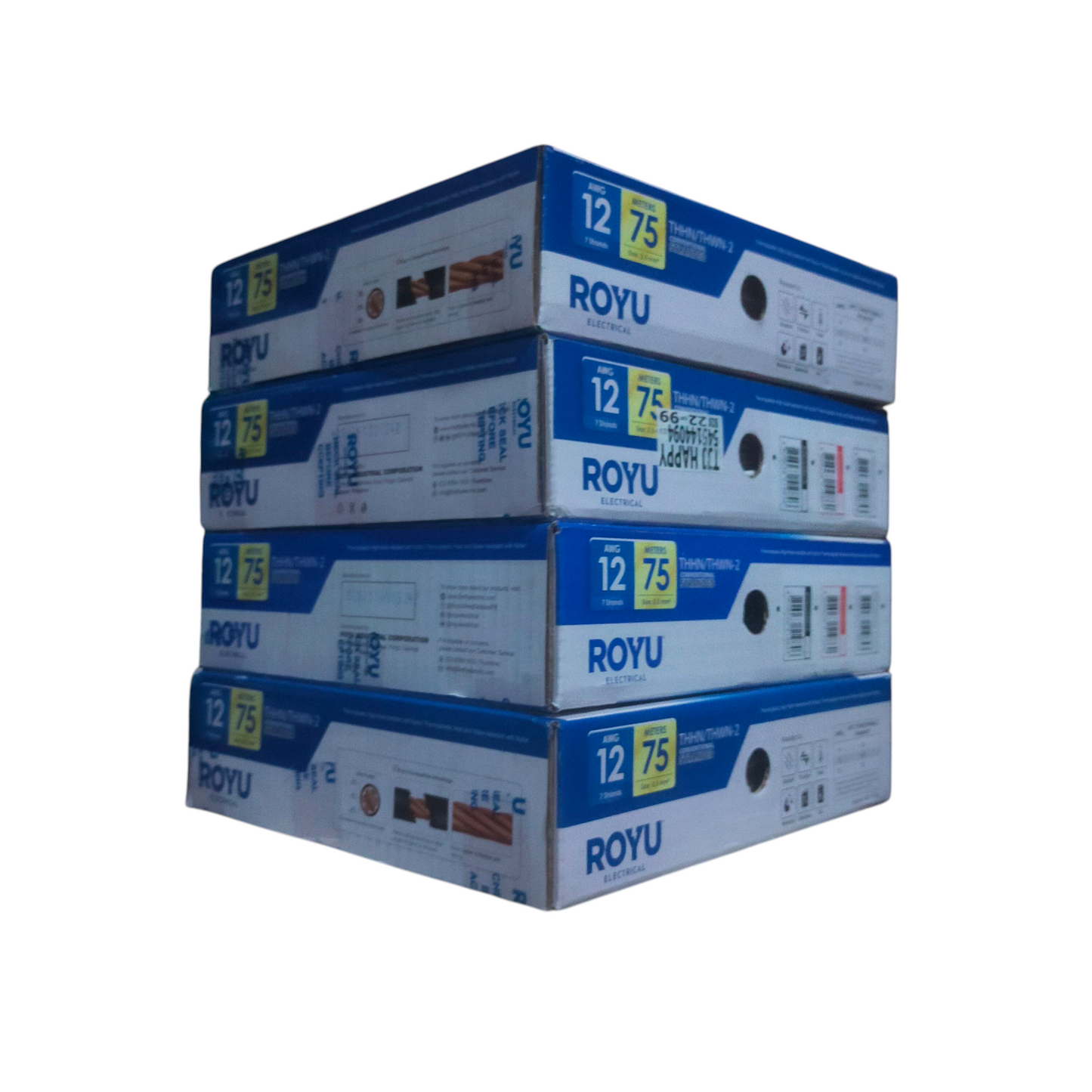 Royu boxed electrical cable stack showing 12 AWG stranded wire yellow in 75 meter reels