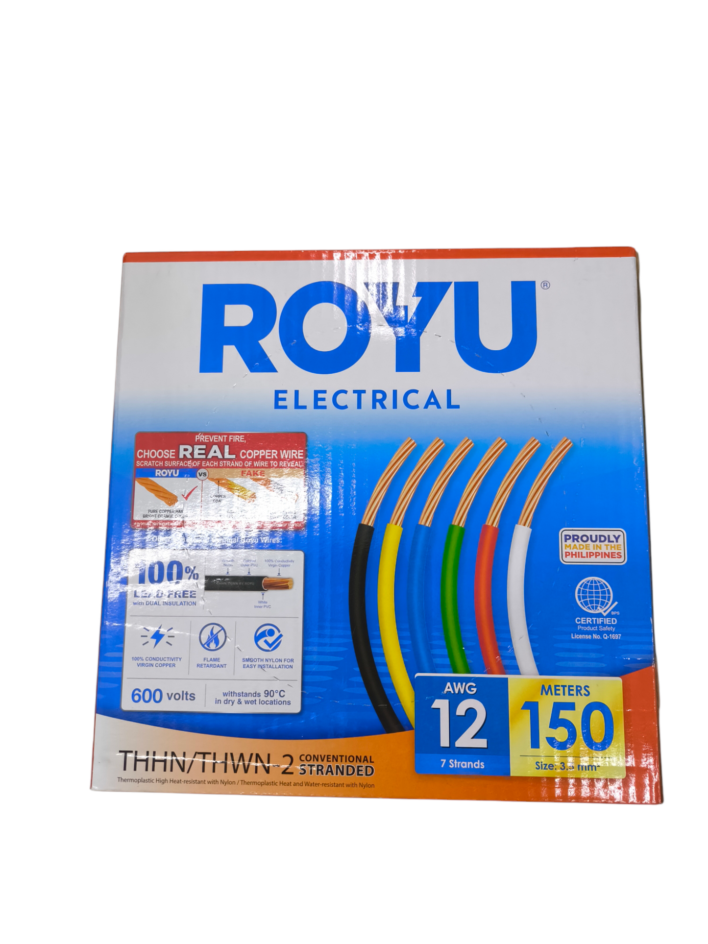 Royu electrical box showing multicolored rolls including 12 AWG stranded wire yellow 150 meters packaging