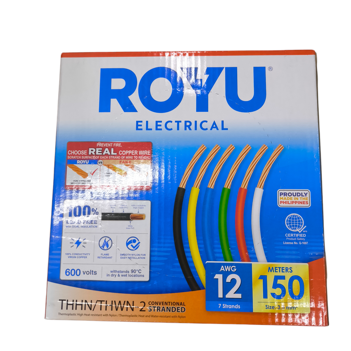 Royu electrical box showing multicolored rolls including 12 AWG stranded wire yellow 150 meters packaging